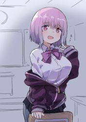 Rule 34 | bow, breasts, chair, collared shirt, gazacy (dai), gridman universe, highres, indoors, jacket, large breasts, light purple hair, off shoulder, open mouth, pantyhose, pink eyes, purple bow, purple jacket, shinjou akane, shirt, solo, ssss.gridman, white shirt