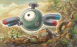 Rule 34 | black eyes, cloud, cloudy sky, creature, creatures (company), day, floating, full body, game freak, gen 1 pokemon, magnemite, magnet, nintendo, no humans, official art, outdoors, plant, pokemon, pokemon (creature), pokemon tcg, screw, single eye, sky, solo, sowsow, third-party source