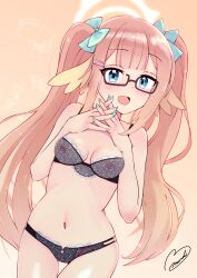 Rule 34 | 1girl, blue archive, blue eyes, bra, breasts, fingernails, glasses, hair between eyes, hair ornament, halo, highres, looking at viewer, milkmochi, navel, open mouth, orange background, orange hair, shimiko (blue archive), signature, simple background, small breasts, solo, twintails, underwear