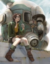 Rule 34 | 1girl, boots, brown hair, glasses, highres, jacket, lips, mujiha, open clothes, open jacket, original, parted lips, short hair, sitting, solo, unzipped