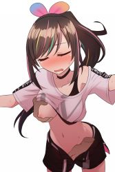 Rule 34 | 1girl, belt, black bra, black choker, black shorts, blonde hair, blush, bra, bra lift, grabbing another&#039;s breast, breasts, brown hair, choker, closed eyes, clothes lift, crop top, disembodied hand, fingering, grabbing, grabbing from behind, green hair, groping, hetero, highres, kizuna ai, kizuna ai inc., leaning forward, long hair, medium breasts, multicolored hair, navel, nipples, no nose, nose blush, off-shoulder shirt, off shoulder, official alternate costume, open clothes, open mouth, open shorts, organ rn, outstretched arms, pink hair, ponytail, shirt, short shorts, short sleeves, shorts, sports bra, sports bra lift, stomach, streaked hair, sweat, swept bangs, underwear, unzipped, very long hair, virtual youtuber, wavy mouth, white shirt, zipper, zipper pull tab
