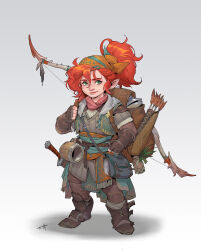 Rule 34 | 1girl, arrow (projectile), backpack, bag, bandana, bow, bow (weapon), dungeons &amp; dragons, green eyes, halfling, highres, looking at viewer, original, pointy ears, ponytail, red hair, simple background, tooth wu, weapon, white background