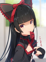 Rule 34 | 1girl, arrow (symbol), black bow, black dress, black hair, blue sky, blunt bangs, blurry, blurry background, bow, breasts, bridal gauntlets, cleavage, cleavage cutout, closed mouth, clothing cutout, cloud, commentary request, day, depth of field, dress, frilled bow, frills, gate - jieitai ka no chi nite kaku tatakaeri, hair bow, indoors, long hair, looking at viewer, meth (emethmeth), mouth hold, necktie, necktie on mouth, purple eyes, red bow, red necktie, rory mercury, sidelocks, signature, sky, small breasts, smile, solo, translated, very long hair