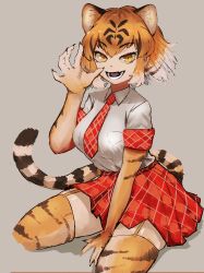 Rule 34 | 1girl, absurdres, adeshi (adeshi0693119), animal ears, animal print, black hair, collared shirt, commentary request, elbow gloves, garter straps, gloves, grey background, highres, kemono friends, multicolored hair, necktie, open mouth, orange hair, plaid, plaid necktie, plaid skirt, plaid trim, pleated skirt, print gloves, print thighhighs, red necktie, red skirt, shirt, short hair, short sleeves, simple background, skirt, smile, solo, tail, thighhighs, tiger (kemono friends), tiger ears, tiger girl, tiger print, tiger tail, two-tone hair, white shirt, yellow eyes, zettai ryouiki