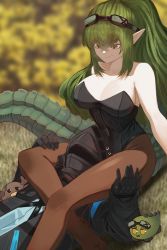 Rule 34 | 1girl, 1other, absurdres, alternate costume, arknights, bare arms, bare shoulders, black coat, black gloves, black leotard, breasts, brown pantyhose, cleavage, closed mouth, clothing cutout, coat, collarbone, creature, crocodilian tail, day, doctor (arknights), gavial (arknights), gloves, goggles, goggles on head, green hair, head between thighs, highres, large breasts, leotard, long hair, looking at another, looking down, lying, mask, najashi, on back, on grass, outdoors, pantyhose, playboy bunny, pointy ears, ponytail, smile, strangling, strapless, strapless leotard, sweatdrop, tail, tail through clothes, very long hair, yellow eyes