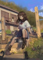 Rule 34 | 1girl, absurdres, air conditioner, black cat, black footwear, black socks, blue skirt, blue sky, bow, bowtie, brown eyes, brown hair, bush, cat, closed mouth, cloud, curtains, day, eliot (eokaitekaite969), fence, grass, highres, house, loafers, long hair, looking at viewer, nail, original, outdoors, red bow, red bowtie, school uniform, serafuku, shoes, short sleeves, sidelocks, sitting, skirt, sky, socks, solo, stairs, sunlight, tree, white serafuku, wooden fence