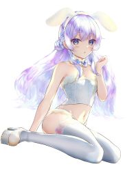 Rule 34 | 1girl, absurdres, animal ears, bare arms, blue bow, blue bowtie, blue eyes, blush, bow, bowtie, breasts, choker, cleavage, dutch angle, fake animal ears, floating hair, full body, grey background, hair over shoulder, hairband, high heels, highres, long hair, looking at viewer, midriff, mirutani nia, navel, noripro, open mouth, panties, rabbit ears, silver hair, simple background, sitting, small breasts, solo, stomach, strapless, thighhighs, transparent background, umeorima, underwear, very long hair, virtual youtuber, wariza, white choker, white hairband, white panties, white thighhighs