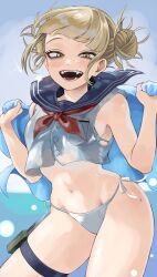Rule 34 | 1girl, :d, absurdres, bags under eyes, bikini, blonde hair, blue sailor collar, boku no hero academia, crop top, double bun, fangs, fengling (furin-jp), hair bun, highres, holding, holding towel, looking at viewer, messy hair, navel, neckerchief, open mouth, sailor collar, side-tie bikini bottom, slit pupils, smile, solo, swimsuit, thigh strap, thighs, toga himiko, towel, white bikini, yellow eyes, yellow neckerchief