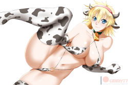 Rule 34 | 1girl, animal ears, animal print, bikini, blonde hair, blue eyes, blush, breasts, cow ears, cow horns, cow print, cowbell, fake animal ears, fake horns, female focus, gloves, hellsing, highres, horns, kimmy77, large breasts, looking at viewer, medium hair, print bikini, print gloves, print legwear, seras victoria, simple background, smile, solo, swimsuit, tagme, thighs, vampire, white background