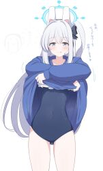 Rule 34 | 1boy, 1girl, animal ears, black one-piece swimsuit, blue archive, blue halo, blue hoodie, blush, breasts, casual one-piece swimsuit, closed mouth, doodle sensei (blue archive), fake animal ears, grey hair, hair between eyes, halo, heart, highres, hood, hood down, hoodie, hoshino ouka, long hair, long sleeves, miyako (blue archive), miyako (swimsuit) (blue archive), motion lines, official alternate costume, one-piece swimsuit, one side up, purple eyes, rabbit ears, sensei (blue archive), simple background, small breasts, smile, swimsuit, tongue, tongue out, translation request, white background