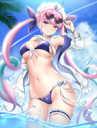 Rule 34 | 1girl, adjusting eyewear, ahoge, armpits, bikini, blue bikini, blue hair, bow, bracelet, braid, breasts, bridal garter, cleavage, clothes lift, cloud, colored inner hair, cowboy shot, cyicheng, eyewear on head, gluteal fold, hair ribbon, heart, heart-shaped eyewear, hololive, jacket, jewelry, large breasts, lifted by self, long hair, looking at viewer, maid headdress, minato aqua, multicolored hair, nail polish, navel, off shoulder, open clothes, open jacket, outdoors, palm tree, patreon username, purple eyes, purple hair, ribbon, shirt lift, side-tie bikini bottom, sideboob, signature, sky, smile, solo, swimsuit, tank top, tree, twintails, two-tone hair, underboob, very long hair, virtual youtuber, water, water drop, white jacket, white tank top