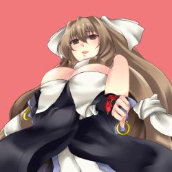 Rule 34 | 1girl, aoi kimi, bodysuit, bow, breasts, brown eyes, brown hair, cleavage, crossed arms, female focus, fingerless gloves, from below, gloves, hair ribbon, kyoukaisenjou no horizon, large breasts, pantyhose, ribbon, solo