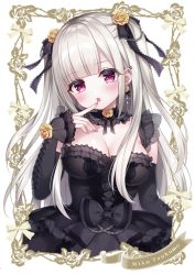 Rule 34 | 1girl, :o, bare shoulders, black bow, black dress, black sleeves, blush, bow, breasts, cleavage, cropped torso, detached sleeves, dress, fang, finger to mouth, floral background, flower, gothic lolita, grey hair, hair bow, hair flower, hair ornament, hand up, lolita fashion, long hair, long sleeves, medium breasts, mitsuba choco, nail polish, original, parted lips, pink nails, red eyes, rose, sleeves past wrists, solo, two side up, upper body, very long hair, white background, yellow flower, yellow rose
