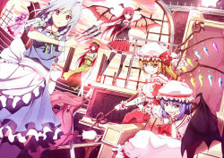 Rule 34 | 6+girls, apron, bat wings, blonde hair, book, bow, braid, crystal, dress, fang, flandre scarlet, frills, hair bow, hair ornament, hat, hat ribbon, head wings, hong meiling, image sample, izayoi sakuya, knife, koakuma, long hair, looking at viewer, maid, maid apron, maid headdress, mob cap, multiple girls, open mouth, patchouli knowledge, purple hair, red eyes, red hair, remilia scarlet, ribbon, rizky (strated), scarlet devil mansion, short hair, side ponytail, sitting, skirt, slit pupils, smile, star (symbol), embodiment of scarlet devil, thighhighs, touhou, twin braids, vampire, weapon, white hair, wings, zettai ryouiki