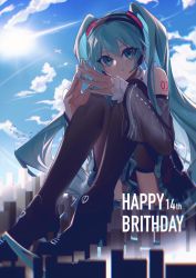 Rule 34 | 1girl, aircraft, airplane, bird, blue hair, cloud, commentary, day, detached sleeves, giant, giantess, hair between eyes, happy birthday, hatsune miku, hatsune miku (nt), headphones, high heels, highres, long hair, looking at viewer, miss leaves, outdoors, piapro, shoulder tattoo, smile, solo, sun, tattoo, thighhighs, twintails, very long hair, vocaloid