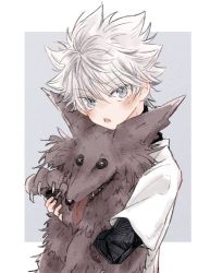 Rule 34 | 1boy, animal, animal hug, blue eyes, button eyes, buttons, chestnut mouth, dog, grey background, highres, hunter x hunter, killua zoldyck, layered sleeves, long sleeves, male focus, mike (hunter x hunter), necomu, open mouth, puppy, short over long sleeves, short sleeves, spiked hair, tongue, tongue out, turtleneck, upper body, white hair, wolf