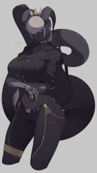 Rule 34 | 1girl, black horns, black jacket, black skin, bodysuit, breasts, colored skin, curled horns, highres, horns, ill (ub1mo), jacket, large breasts, looking at viewer, mechanical arms, original, shiny skin, short hair, silver hair, simple background, skin tight, solo, tail, ub1mo, yellow eyes