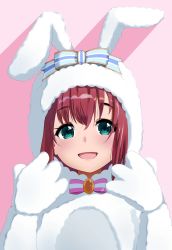 Rule 34 | 1girl, :d, animal ears, animal hood, blush, bow, bowtie, rabbit ears, green eyes, hands up, highres, hood, hood up, igarashi kyouhei, kurosawa ruby, looking at viewer, love live!, love live! sunshine!!, open mouth, pink background, red hair, smile, solo, upper body