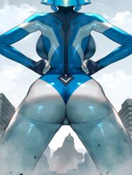 Rule 34 | 1girl, ass, blue bodysuit, blue hair, blue skin, bodysuit, breasts, building, city, cloud, cloudy sky, colored skin, covered pussy, dust, giant, giantess, green hair, hands on own hips, highres, kaijuu, large breasts, light particles, monster, nikunopengin, original, sharp teeth, skin tight, sky, teeth, tokusatsu, white skin