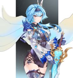 Rule 34 | 1girl, armor, bare shoulders, black gloves, blue feathers, blue gloves, blue hair, blue necktie, blurry, closed mouth, clothing cutout, eula (genshin impact), feathers, genshin impact, gloves, glowing, glowing sword, glowing weapon, highres, holding, holding sword, holding weapon, impossible clothes, long hair, multicolored clothes, necktie, odyssey 21, purple eyes, shoulder cutout, signature, solo, sword, thigh strap, thighhighs, vision (genshin impact), weapon