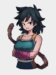 Rule 34 | 1girl, arm warmers, armor, arms under breasts, black eyes, black hair, breasts, collarbone, crossed arms, dragon ball, dragon ball minus, dragon ball super, dragon ball super broly, facing viewer, gine, grey background, happy, kemachiku, looking at viewer, matching hair/eyes, mature female, medium breasts, medium hair, monkey tail, open mouth, saiyan, saiyan armor, simple background, smile, solo, standing, tail, tongue
