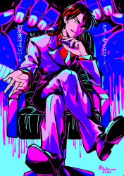 Rule 34 | 2boys, absurdres, black eyes, black footwear, chair, closed mouth, collared shirt, commentary request, crossed legs, fingernails, formal, full body, high contrast, highres, holding, ichijou seiya, itou kaiji, jacket, kaiji, long hair, long sleeves, looking at viewer, male focus, medium bangs, multiple boys, necktie, office chair, pants, pink jacket, pink pants, pink theme, red hair, red shirt, shirt, shoes, smile, solo focus, suit, sweat, swivel chair, twitter username, unknown03162, white necktie