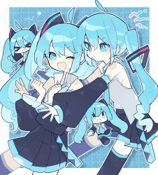 Rule 34 | &gt; &lt;, 1girl, ahoge, black skirt, black thighhighs, blue background, blue eyes, blue hair, blue nails, blush stickers, chibi, cowboy shot, detached ahoge, detached sleeves, grey shirt, hair between eyes, hair ornament, hairclip, hands up, hatsune miku, hatsushiro mamimu, highres, long hair, long sleeves, multiple views, nail polish, one eye closed, open mouth, pleated skirt, shirt, skirt, smile, star (symbol), thighhighs, twintails, vocaloid, wide sleeves