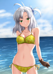Rule 34 | 10s, 1girl, :&lt;, absurdres, antenna hair, bare shoulders, bikini, blue sky, breasts, brown gloves, cleavage, cloud, cloudy sky, collarbone, contrapposto, cowboy shot, day, floral print, gloves, grey hair, highres, hitotsuki no yagi, kantai collection, kinugasa (kancolle), long hair, looking at viewer, medium breasts, navel, ocean, parted bangs, side-tie bikini bottom, side ponytail, sky, solo, standing, swimsuit, yellow bikini