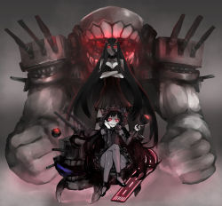 Rule 34 | 10s, 2girls, abyssal ship, battleship princess, black dress, black hair, bonnet, breasts, cannon, cleavage, clenched hands, crossed arms, crossed legs, detached sleeves, dress, facing viewer, floating fortress (kancolle), fog, glowing, glowing eyes, grin, gunbuster pose, head rest, horns, isolated island oni, jariinu (gomasionori), kantai collection, large breasts, long hair, looking at viewer, monster, multiple girls, outstretched finger, pale skin, pantyhose, pointing, red eyes, short dress, sitting, skin-covered horns, smile, standing, teeth, thighhighs, very long hair, wrist cuffs, you gonna get raped