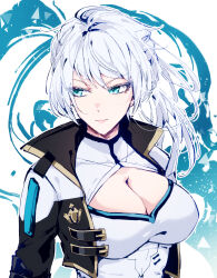 Rule 34 | 1girl, aer007580, blue eyes, breasts, cleavage, cleavage cutout, clothing cutout, collared jacket, cropped jacket, high ponytail, highres, honkai (series), honkai impact 3rd, jacket, kevin kaslana, large breasts, long hair, looking to the side, multicolored clothes, multicolored jacket, shirt, sideways glance, solo, two-tone jacket, upper body, white hair, white shirt