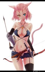Rule 34 | 10s, 1girl, animal ears, arrow (projectile), artist name, asymmetrical legwear, backlighting, bad id, bad pixiv id, belt, black panties, black thighhighs, blue eyes, bow, bow (weapon), bracer, breasts, cat ears, cat tail, cleavage, collarbone, cowboy shot, dagger, facial tattoo, final fantasy, final fantasy xiv, franz (217franz), garter straps, groin, hand on own hip, heterochromia, highleg, highleg panties, highres, knife, letterboxed, looking at viewer, medium breasts, micro panties, miqo&#039;te, navel, panties, pink hair, quiver, sheath, sheathed, short hair, short shorts, shorts, single thighhigh, smile, solo, tail, tattoo, thighhighs, underwear, uneven legwear, unzipped, weapon, white background, yellow eyes
