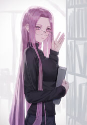 Rule 34 | 1girl, black shirt, book, bookshelf, breasts, closed mouth, commentary, cowboy shot, fate/stay night, fate (series), forehead, glasses, grey-framed eyewear, grey pants, hand up, highres, holding, holding book, large breasts, light purple hair, long hair, long sleeves, looking at viewer, looking over eyewear, medusa (fate), medusa (rider) (fate), pants, parted bangs, parted hair, pink eyes, purple eyes, shirt, sidelocks, smile, solo, square pupils, straight hair, symbol-only commentary, tesin (7aehyun), turtleneck, very long hair