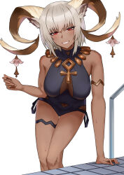 Rule 34 | :d, animal ears, ankh, arknights, arm support, armlet, bare shoulders, black one-piece swimsuit, breasts, carnelian (arknights), carnelian (shimmering dew) (arknights), casual one-piece swimsuit, cleavage, covered navel, dark-skinned female, dark skin, gino (gino h), goat ears, goat girl, goat horns, grey hair, grin, hanging breasts, highres, horns, jewelry, large breasts, leaning forward, looking at viewer, necklace, official alternate costume, one-piece swimsuit, open mouth, parted lips, pool ladder, red eyes, short hair, simple background, smile, swimsuit, thigh gap, thigh strap, tile floor, tiles, wet, white background