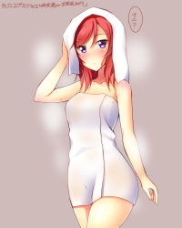 Rule 34 | 10s, 1girl, blush, collarbone, cowboy shot, dated, highres, looking at viewer, love live!, love live! school idol project, naked towel, nishikino maki, purple eyes, red hair, simple background, solo, steam, sweat, towel, towel on head, translation request, yu-ta