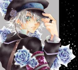Rule 34 | 1boy, armband, bishounen, blue flower, blue rose, blue theme, cross, earrings, flower, formal, green eyes, hat, jewelry, latin cross, lee sun young, looking back, male focus, nail polish, ring, rose, solo, suit, white hair