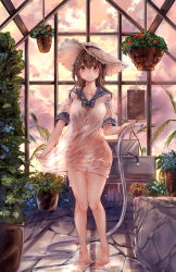 Rule 34 | 1girl, backlighting, bare legs, barefoot, black hair, blue bow, blue bowtie, blue flower, blue sailor collar, blush, bow, bowtie, breasts, brown eyes, closed mouth, cloud, cloudy sky, collarbone, commentary request, dema hmw, dress, feet, flower, full body, greenhouse, hair between eyes, hanging plant, has bad revision, has downscaled revision, hat, highres, holding, hose, indoors, long hair, looking at viewer, md5 mismatch, no panties, orange sky, original, plant, potted plant, red flower, resolution mismatch, sailor collar, sailor dress, see-through, shirt tug, short sleeves, sidelocks, sign, sky, small breasts, smile, solo, source smaller, standing, straw hat, twilight, water, water drop, wet, wet clothes, window