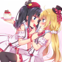 Rule 34 | 2girls, ahoge, all fours, aunt and niece, bare shoulders, beret, birthday, black hair, black headwear, black legwear, blonde hair, blue eyes, bow, bracelet, cake, candy, chocolate, chocolate heart, collared dress, commentary request, detached sleeves, dress, dress bow, eating, feeding, food, food on face, fork, frilled dress, frilled sleeves, frills, from side, fruit, gradient background, hat, hat ribbon, heart, holding, holding fork, idol, incest, itsumura haruka, itsumura yukari, jewelry, looking at another, low twintails, mini hat, mini top hat, multicolored background, multiple girls, necktie, paper plate, pink background, plaid, plaid neckwear, plate, pleated dress, re:stage!, red bow, red neckwear, ribbon, sideways mouth, simple background, sitting, sk02, smile, spread legs, strawberry, strawberry shortcake, suspenders, thighhighs, top hat, twintails, white background, white dress, white sleeves, yuri, zettai ryouiki