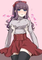 Rule 34 | 10s, 1girl, bad id, bad twitter id, black thighhighs, blue eyes, blush, bow, breast lift, breasts, covered erect nipples, flying sweatdrops, hair bow, large breasts, long hair, long sleeves, mironomeo, new game!, nose blush, pink background, purple hair, ribbed sweater, simple background, solo focus, sweater, takimoto hifumi, tears, thighhighs, turtleneck
