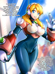 Rule 34 | 1girl, :d, alia (mega man), android, blonde hair, blue eyes, breasts, chest jewel, commentary, english commentary, english text, gloves, hairband, highres, large breasts, long hair, looking at viewer, mega man (series), mega man x (series), minster (dooke), open mouth, radio antenna, smile, tablet pc, waving, white gloves