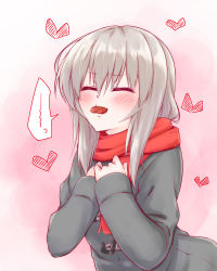 Rule 34 | 1girl, blush, casual, chocolate, coat, embarrassed, closed eyes, girls und panzer, grey coat, hands on own chest, heart, itsumi erika, long hair, long sleeves, mouth hold, nagomiya (shousha), pink background, red scarf, scarf, silver hair, solo, spoken squiggle, squiggle, standing, upper body, valentine