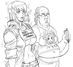 Rule 34 | 1boy, 1girl, android, areola slip, bad id, bb (baalbuddy), big belly, breasts, cable, closed mouth, comic, controller, covered erect nipples, dejiko, di gi charat, drooling, english text, fat, fat man, ghost in the shell, glasses, greyscale, hacker, heart, heart-shaped pupils, highres, holding, inactive account, jacket, kusanagi motoko, large breasts, lips, mind control, moaning, monochrome, navel, opaque glasses, open clothes, open jacket, otaku, panty straps, remote control, remote control vibrator, saliva, sex toy, short hair, short shorts, shorts, simple background, speech bubble, spoken heart, standing, sweat, symbol-shaped pupils, tsurime, ugly man, underboob, vibrator, white background, you gonna get raped