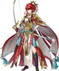 Rule 34 | 1girl, alternate costume, arm guards, armor, boots, bow (weapon), cape, circlet, closed mouth, female focus, fire emblem, fire emblem fates, fire emblem heroes, fujin yumi (fire emblem), full body, gloves, gold trim, hand on own hip, highres, hinoka (fire emblem), holding, holding bow (weapon), holding weapon, japanese clothes, jewelry, katana, kita senri, knee boots, long sleeves, looking at viewer, matching hair/eyes, nintendo, non-web source, official alternate costume, official art, pelvic curtain, raijinto (fire emblem), red eyes, red hair, serious, sheath, sheathed, short hair, solo, standing, sword, transparent background, weapon
