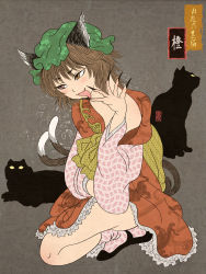Rule 34 | 1girl, animal ears, brown eyes, brown hair, cat, cat ears, cat tail, character name, chen, cloritin, female focus, fine art parody, fingernails, frills, hat, highres, japanese clothes, long fingernails, multiple tails, nihonga, open clothes, parody, short hair, sitting, solo, tail, tongue, touhou, translation request, ukiyo-e