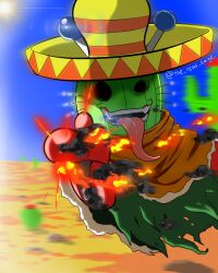Rule 34 | boxing gloves, digimon, digimon (creature), fire, hat, highres, poncho, ponchomon, solo, sombrero, tongue, tongue out