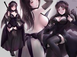 Rule 34 | 1girl, :d, arm up, armpits, artist name, ass, back bow, backless dress, backless outfit, bad id, bad pixiv id, bare back, bare shoulders, bat wings, black bow, black choker, black dress, black footwear, black gloves, black hair, black headwear, black panties, black thighhighs, bow, breasts, choker, chowbie, cleavage, clothes lift, dress, dress lift, elbow gloves, garter straps, gloves, gradient background, grey background, high heels, large breasts, lifting own clothes, long hair, looking at viewer, md5 mismatch, multiple views, open mouth, original, panties, purple eyes, resolution mismatch, sideboob, skindentation, sleeveless, sleeveless dress, smile, source smaller, thighhighs, underwear, vampire, wings
