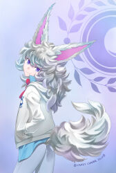 1boy :3 animal_ears blue_eyes clothing_cutout commentary_request fate/grand_order fate_(series) fou_(fate) grey_hair hands_in_pockets hood hoodie long_hair looking_at_viewer male_focus pants personification shirotsumekusa solo sweatpants tail tail_through_clothes twitter_username white_hoodie