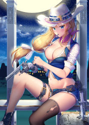 Rule 34 | 1girl, absurdres, bandana, belt, belt pouch, black thighhighs, blonde hair, blue eyes, boots, breasts, buckle, bullet, cleavage, collarbone, cowboy, cowboy hat, cowboy western, denim, denim shorts, gloves, gun, hair ribbon, handgun, hat, highres, holding, holding gun, holding weapon, ken-san, knife, large breasts, long hair, looking at viewer, low-tied long hair, mouth hold, navel, night, nipples, original, pistol, pouch, revolver, ribbon, shirt, short shorts, shorts, single thighhigh, sitting, sky, solo, star (sky), starry sky, thigh strap, thighhighs, utility belt, very long hair, weapon, western, white hat, white ribbon