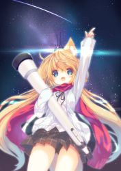 Rule 34 | 1girl, animal ear fluff, animal ears, bad id, bad pixiv id, blonde hair, blue eyes, blush, falling star, fox ears, hair ornament, highres, long hair, looking at viewer, night, night sky, open mouth, original, p19, pointing, pointing up, red scarf, scarf, shirt, shooting star, skirt, sky, solo, star (sky), starry sky, telescope, virtual youtuber