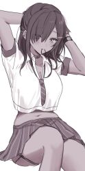 Rule 34 | 1girl, arms behind head, blush, breasts, cleavage, collar, collared shirt, cropped shirt, dark-skinned female, dark skin, ear piercing, earrings, goddess of victory: nikke, hair ornament, hair over one eye, hair tie, jewelry, kumo tabetai, large breasts, long hair, looking at viewer, loose necktie, monochrome, mouth hold, naga (nikke), navel, necklace, necktie, piercing, pleated skirt, shirt, short sleeves, side ponytail, sitting, skirt, solo, striped necktie
