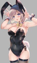 Rule 34 | 1girl, animal ears, armpits, arms up, bare arms, bare shoulders, black leotard, blue eyes, blush, breasts, cleavage, detached collar, fake animal ears, grey background, grey thighhighs, hair ornament, hairclip, hamakaze (kancolle), highres, kantai collection, large breasts, leotard, monoto, open mouth, playboy bunny, rabbit ears, rabbit tail, short hair, silver hair, simple background, skindentation, solo, tail, thighhighs, yellow neckwear